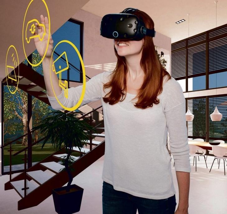 Mit Hilfe einer Virtual-Reality-Brille betritt der Benutzer eine animierte Welt, in der er zahlreiche Funktionen – etwa Lichtstimmungen oder Sicherheitssysteme – über Gesten und Berührungen steuern kann. Dies kann in einem noch gar nicht existierenden Gebäude geschehen, um z.B. Funktionen zu testen, oder im realen Zuhause – dort werden die virtuellen Befehle dann in der Wirklichkeit umgesetzt, Foto: ZVEH