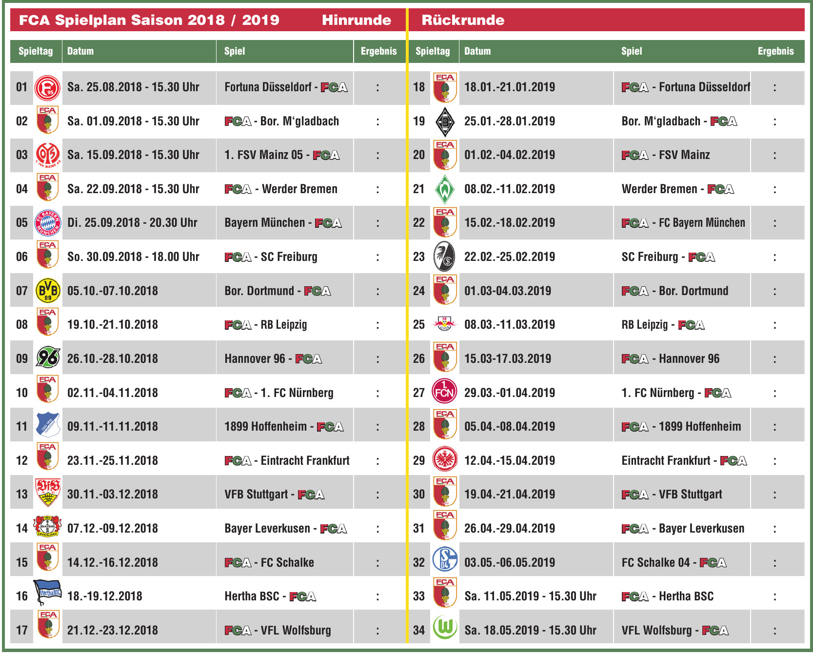 FCA Spielplan Saison 2018/2019 FCA Spielplan Saison 2018/2019