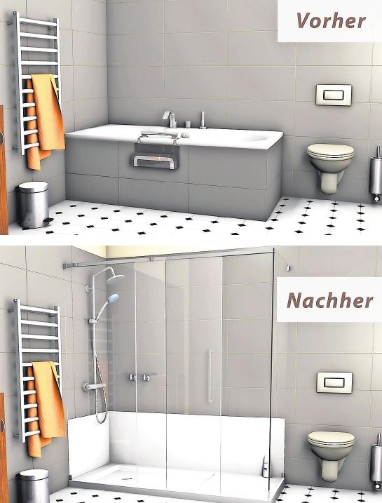 Nur acht Stunden benötigen die BADbarrierefrei-Profis, um aus der Badewanne eine begehbare Dusche zu machen. Foto: badbarrierefrei.de Nur acht Stunden benötigen die BADbarrierefrei-Profis, um aus der Badewanne eine begehbare Dusche zu machen. Foto: badbarrierefrei.de