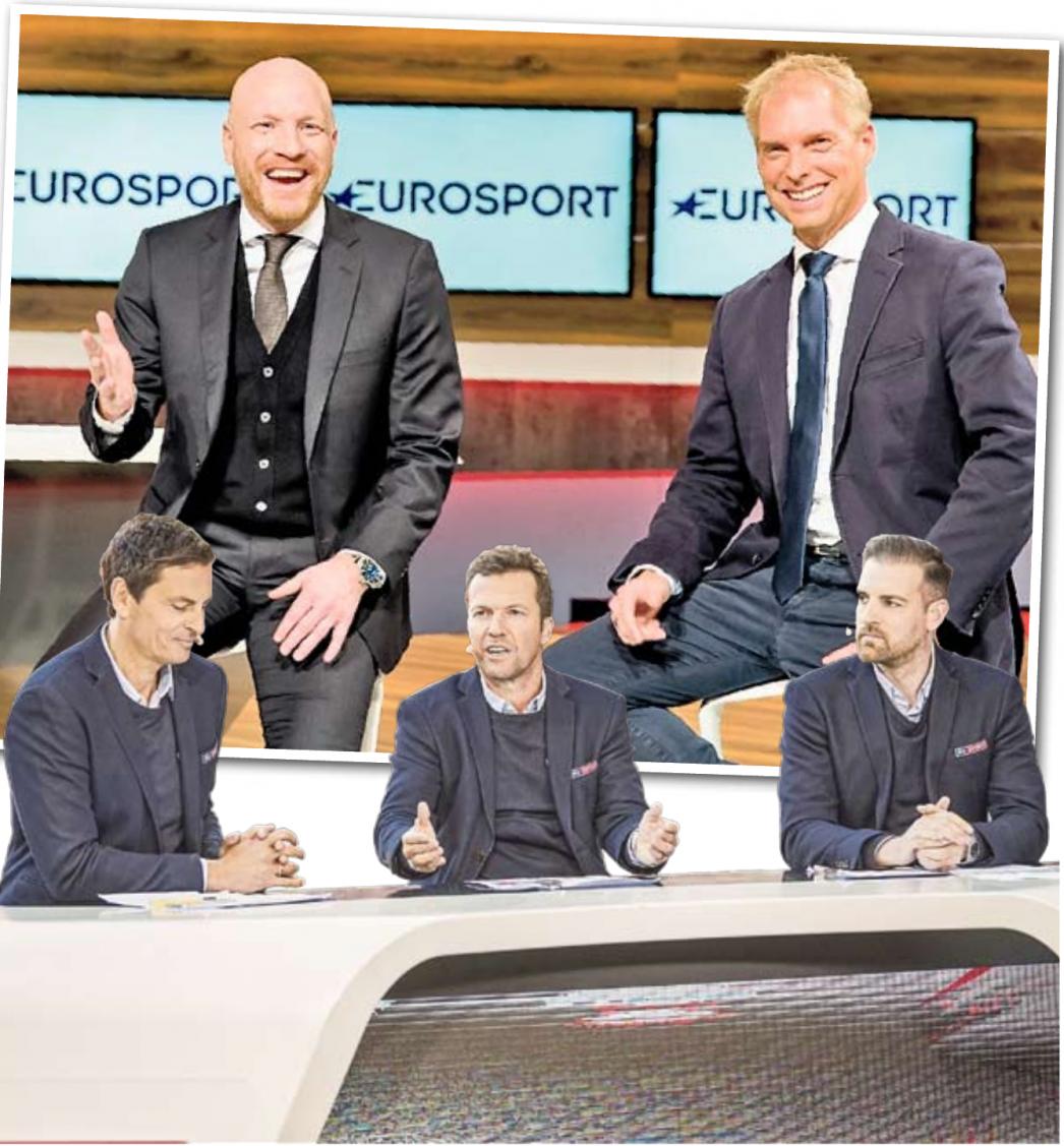 Neu gegen Alt: Experte Matthias Sammer (oben, l.) und Ex-Sky-Moderator Jan Henkel sind künftig auf Eurosport zu sehen. Sky setzt auf bewährte Kräfte: Sebastian Hellmann (v. l.), Lothar Matthäus und Christoph Metzelder.
