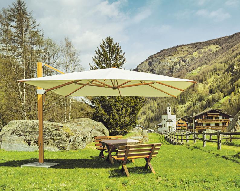 Der Schirm „Aura“ macht optisch viel her und ist ein professioneller Sonnenschutz. GLATZ AG, Schweiz Der Schirm „Aura“ macht optisch viel her und ist ein professioneller Sonnenschutz. GLATZ AG, Schweiz