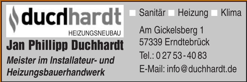 Jan Phillipp Duchhardt Meister im Installateur- und Heizungsbauerhandwerk Jan Phillipp Duchhardt Meister im Installateur- und Heizungsbauerhandwerk