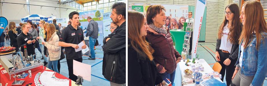 An vielen Informationsständen stehen Auszubildende, die den Schülerinnen und Schülern aus dem Alltag eines Lehrlings erzählen können, und wie der Wechsel von der Schulbank ins Arbeitsleben am besten klappt. Fotos: Lorenz Erl
