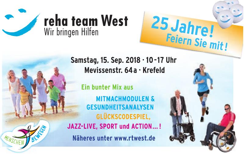 Am 15. September feiert das reha team West in Krefeld das 25-jährige Bestehen mit einer Geburtstagsparty. Am 15. September feiert das reha team West in Krefeld das 25-jährige Bestehen mit einer Geburtstagsparty.