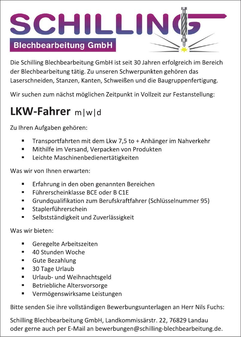Lkw Fahrer M W D Schilling Blechbearbeitung Gmbh