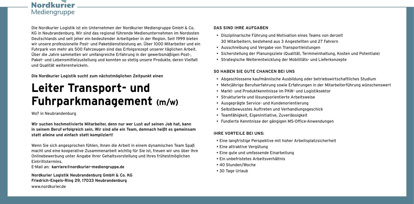 Leiter Transport Und Fuhrparkmanagement M W In Neubrandenburg Nordkurier Logistik Mecklenburg Vorpommern Gmbh Co Kg