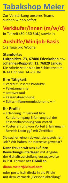 Verkaufer Innen Verkauf M W D Aushilfe Minijob Basis Tabakshop Meier