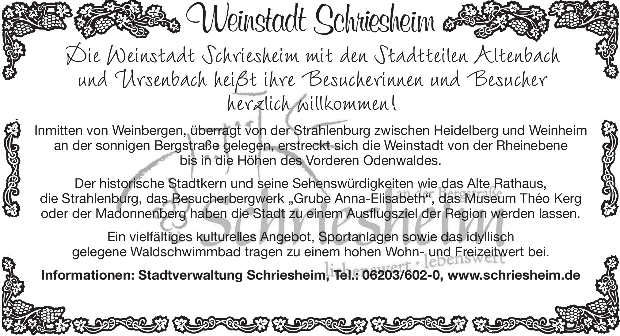Weinstadt Schriesheim - Stadtverwaltung Weinstadt Schriesheim - Stadtverwaltung