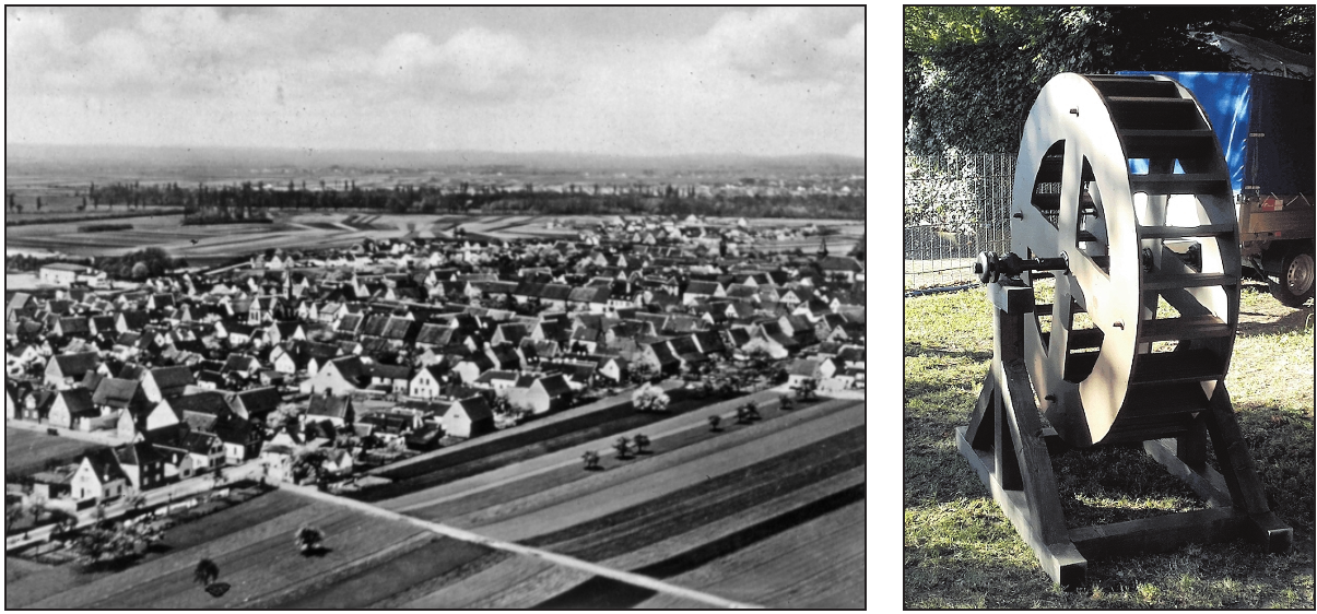 Prägend für die Gründung Neuhofens und sein Ortsbild (im Bild ist die Gemeinde von Süd-Ost um 1954 zu sehen) war über Jahrhunderte der Rehbach, an dem sich Mühlen ansiedelten. Zum Rehbachfest 2019 hat Ortsbürgermeister Ralf Marohn der Gemeinde ein Holzmühlrad geschenkt, welches am Platz vor der Reinigung in der Grünanlage präsentiert werden soll. FOTOS: HKK MEDIENGRUPPE/NEUHOFEN/FRE Prägend für die Gründung Neuhofens und sein Ortsbild (im Bild ist die Gemeinde von Süd-Ost um 1954 zu sehen) war über Jahrhunderte der Rehbach, an dem sich Mühlen ansiedelten. Zum Rehbachfest 2019 hat Ortsbürgermeister Ralf Marohn der Gemeinde ein Holzmühlrad geschenkt, welches am Platz vor der Reinigung in der Grünanlage präsentiert werden soll. FOTOS: HKK MEDIENGRUPPE/NEUHOFEN/FRE