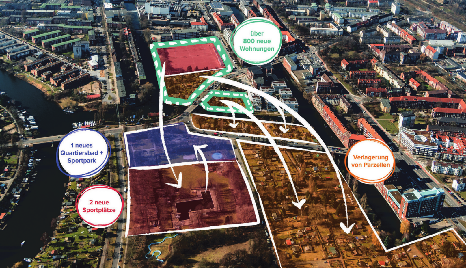 Großer Flächentausch in Hamm: Um den Bau der 800 Wohnungen zu ermöglichen, werden der Sportplatz und Kleingärten (grün markierter Bereich) verlegt. Foto: Hamburg Team