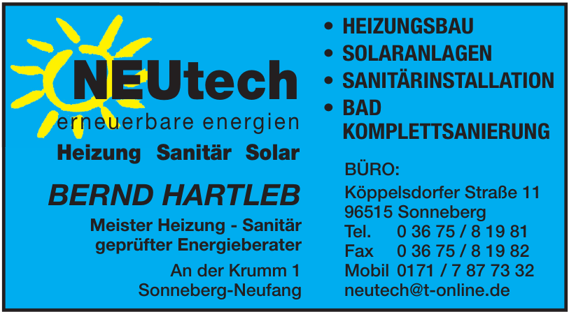 NEUtech erneuerbare energien Heizung Sanitär Solar NEUtech erneuerbare energien Heizung Sanitär Solar