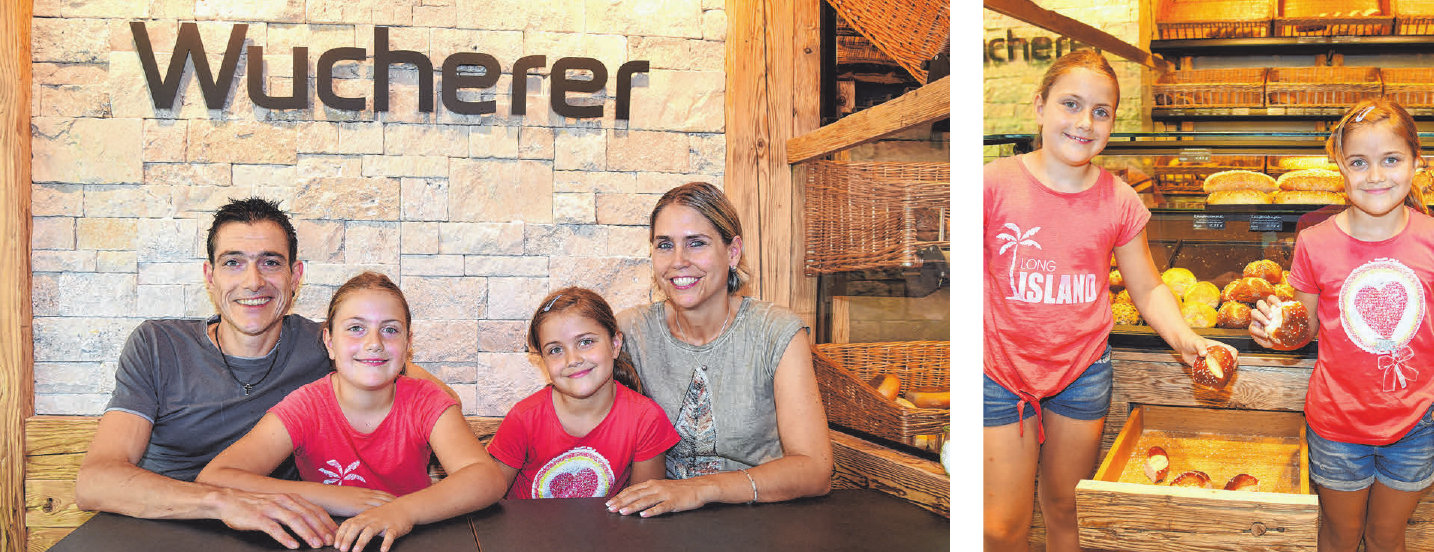Meisterbäcker Markus Keller mit seinen Töchtern Chiara, Selina und seiner Frau Heike. Daneben zeigen Chiara und Selina stolz die „Kinder-Brezel-Schublade“. Aus der dürfen sich die Kinder der Kunden ein Laugengebäck herausnehmen. Meisterbäcker Markus Keller mit seinen Töchtern Chiara, Selina und seiner Frau Heike. Daneben zeigen Chiara und Selina stolz die „Kinder-Brezel-Schublade“. Aus der dürfen sich die Kinder der Kunden ein Laugengebäck herausnehmen.