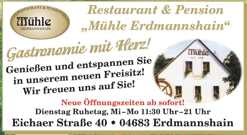 Restaurant & Pension „Mühle Erdmannshain“ Restaurant & Pension „Mühle Erdmannshain“
