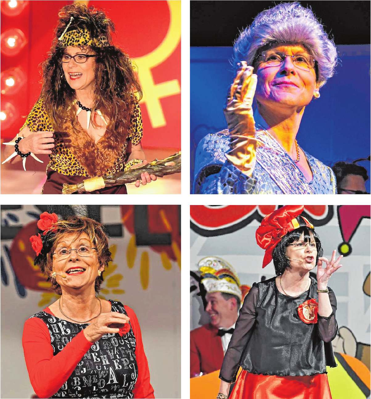 Ob als Steinzeit-Lady oder als Queen: Sibylle Weihrich ist als Funken-Fastnachterin in ihrem Element. Bilder von ihren Auftritten aus den Jahren 2014 bis 2018 – von oben links im Uhrzeigersinn. | Bilder: Dietmar Funck Ob als Steinzeit-Lady oder als Queen: Sibylle Weihrich ist als Funken-Fastnachterin in ihrem Element. Bilder von ihren Auftritten aus den Jahren 2014 bis 2018 – von oben links im Uhrzeigersinn. | Bilder: Dietmar Funck