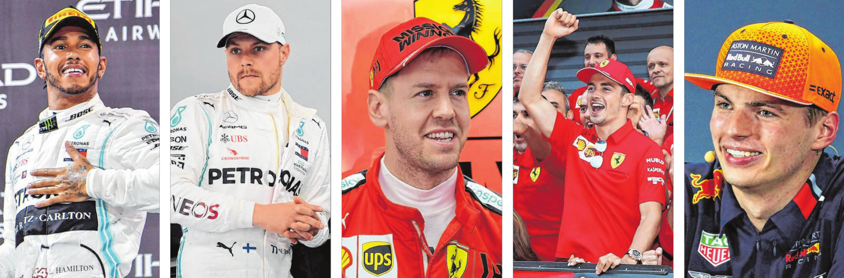 Der Gejagte: Lewis Hamilton. Die Herausforderer: Mercedes-Pilot Valtteri Bottas, die beiden Ferrari-Fahrer Sebastian Vettel und Charles Leclerc sowie Red-Bull-Pilot Max Verstappen. Fotos (5): dpa Der Gejagte: Lewis Hamilton. Die Herausforderer: Mercedes-Pilot Valtteri Bottas, die beiden Ferrari-Fahrer Sebastian Vettel und Charles Leclerc sowie Red-Bull-Pilot Max Verstappen. Fotos (5): dpa