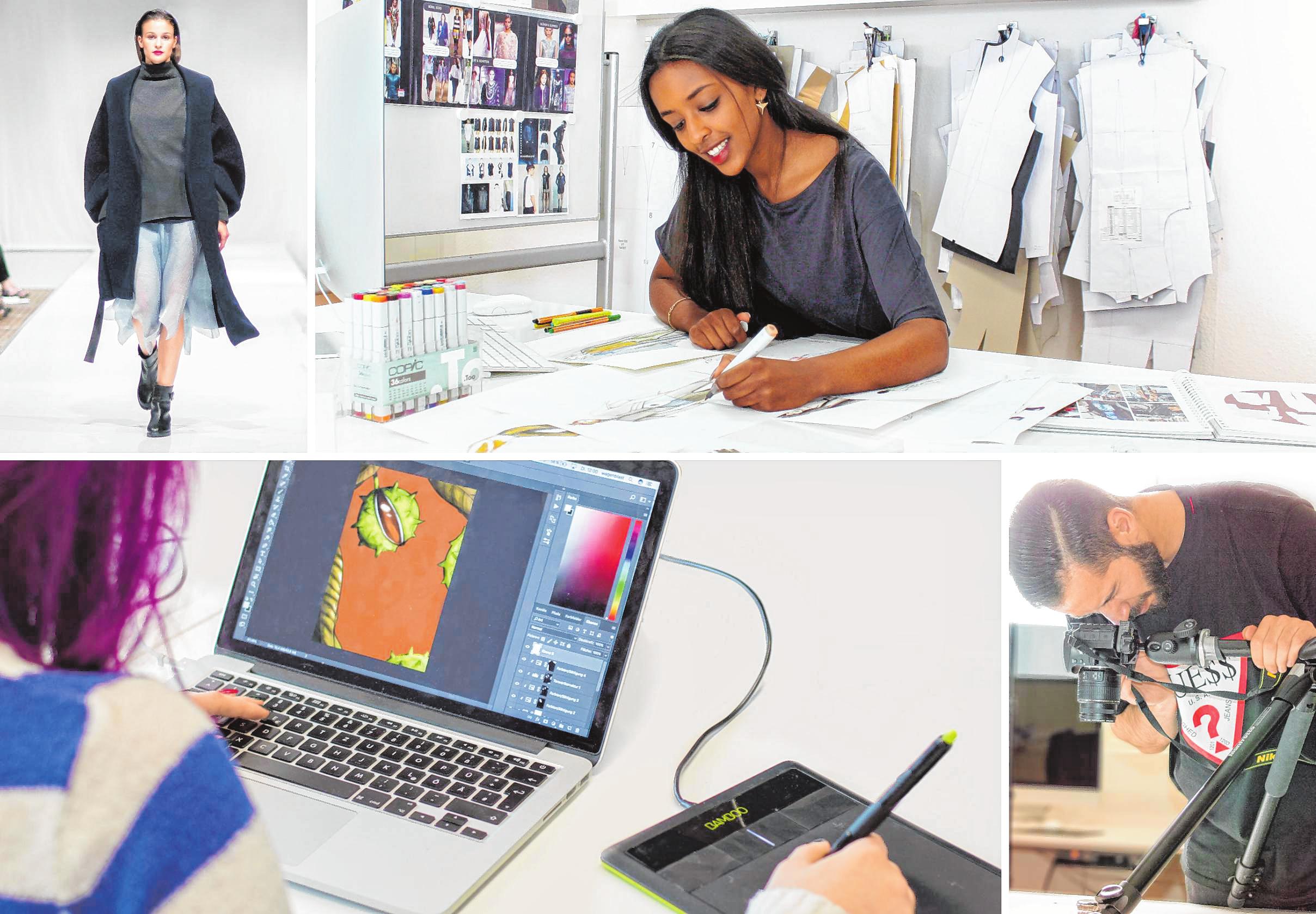 Impressionen der Mode- und Grafikdesignschule Manuel Fritz: Fashionshow der Schule (oben links), Modedesignschülerin an der Entwurfsarbeit (oben rechts), Grafikdesignschülerin beim digitalen Illustrieren (unten links) und Grafikdesignschüler im Fotostudio (unten rechts). Bildcollage: Mode- und Grafikdesignschule Manuel Fritz Impressionen der Mode- und Grafikdesignschule Manuel Fritz: Fashionshow der Schule (oben links), Modedesignschülerin an der Entwurfsarbeit (oben rechts), Grafikdesignschülerin beim digitalen Illustrieren (unten links) und Grafikdesignschüler im Fotostudio (unten rechts). Bildcollage: Mode- und Grafikdesignschule Manuel Fritz