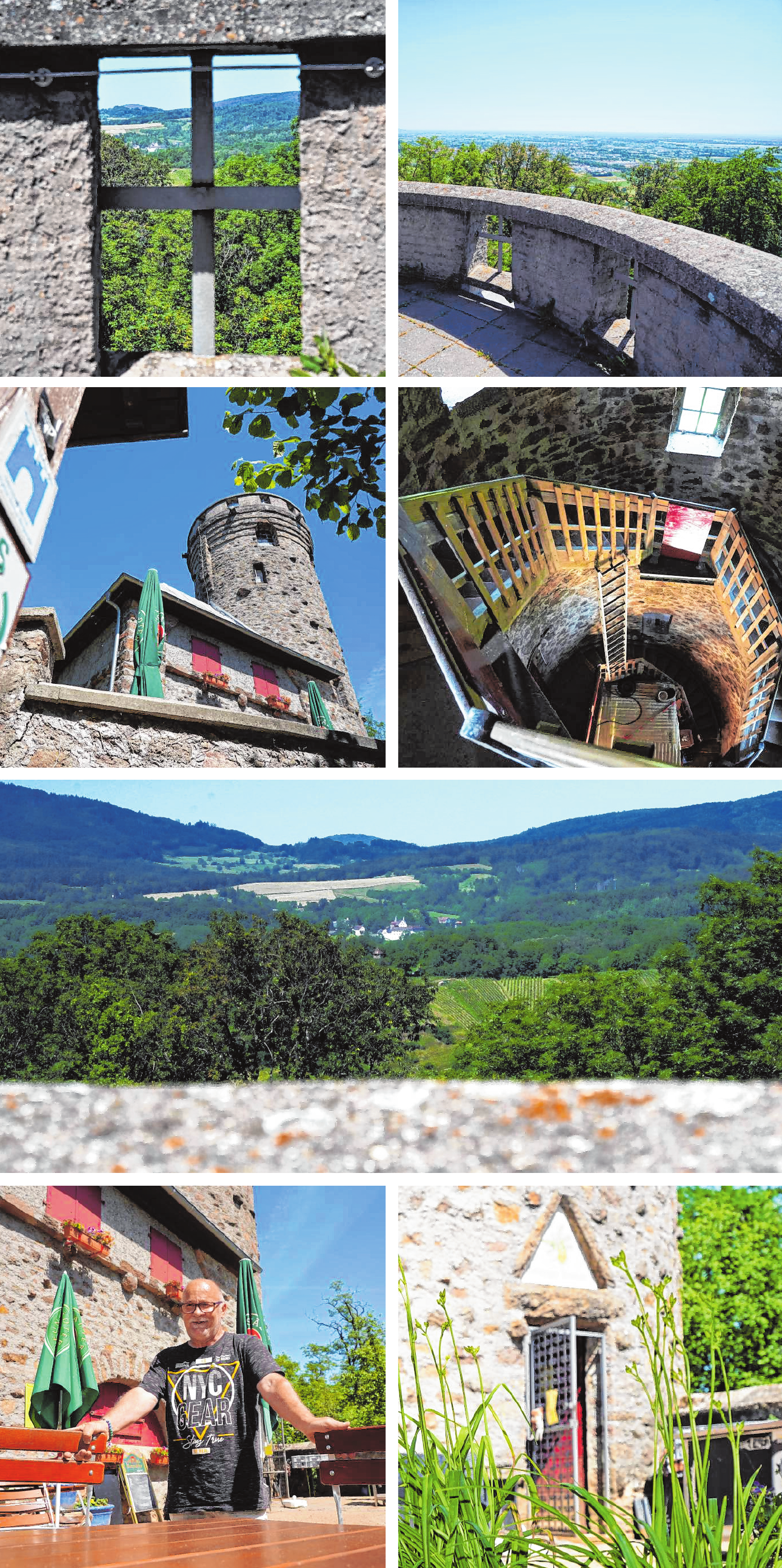 Oben auf der Aussichts-Plattform des Hemsbergturms genießt man einen tollen Blick in die Rheinebene und in den Odenwald. Am Fuße des Turms lassen sich die Gäste gerne im Biergarten nieder. Bilder: Thomas Zelinger
