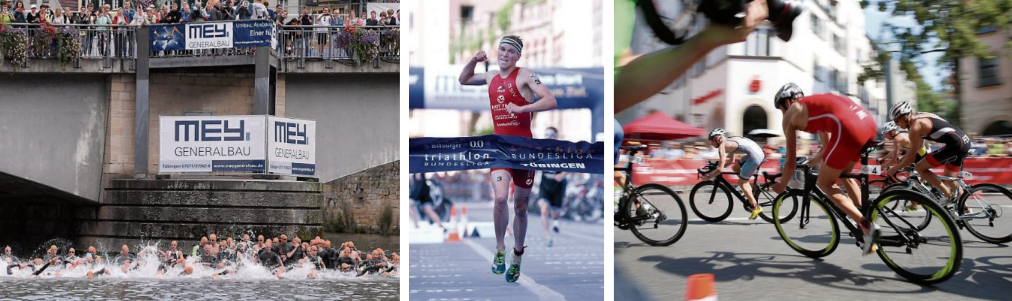 Schwimmen: Beim Mey Generalbau Triathlon Tübingen wird im Neckar geschwommen. Radfahren: Die Radstrecke führt über die Uhlandstraße, die Eberhardsbrücke auf die Wilhelmstraße und von dort stadtauswärts Richtung Schönbuch. Laufen: Die Laufrunde führt durch die schöne Tübinger Altstadt. Highlight und sportliche Herausforderung zugleich: denn auch beim Laufen gilt es, einige Höhenmeter zu überwinden, in etwa 45 pro Runde. Hierbei tangiert die Strecke immer wieder kurz die Eberhardsbrücke - DAS Hauptstimmungsnest des Rennens. Pressefotos ULMER/Markus Ulmer