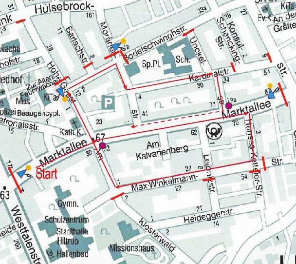 So verläuft der Hiltruper Karnevalsumzug 2020 vom Ausgangs- und Endpunkt Marktallee aus. Foto: KGH Hiltrup So verläuft der Hiltruper Karnevalsumzug 2020 vom Ausgangs- und Endpunkt Marktallee aus. Foto: KGH Hiltrup