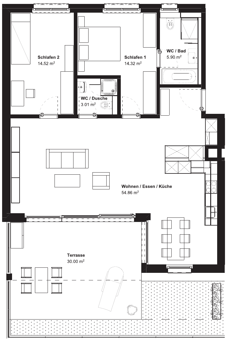 Alle Wohnungen verfügen über ein praktisches Raumkonzept und bieten Platz für grosszügige Einrichtungsmöglichkeiten. (Beispiel 3½-Zimmer-Wohnung)