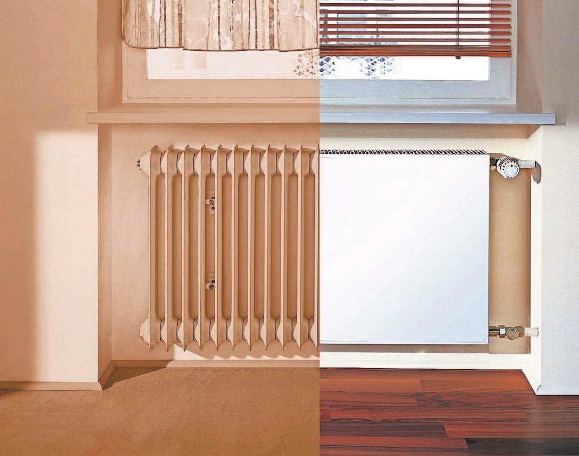 Auf dem Bild ersetzt ein Energiesparheizkörper (rechts) der neuesten Generation den in die Jahre gekommenen DIN-Radiator und sorgt für die entsprechende Wohlfühlwärme. Alte Radiatoren sollten längst der Vergangenheit angehören. Foto: akz -D/kermi Auf dem Bild ersetzt ein Energiesparheizkörper (rechts) der neuesten Generation den in die Jahre gekommenen DIN-Radiator und sorgt für die entsprechende Wohlfühlwärme. Alte Radiatoren sollten längst der Vergangenheit angehören. Foto: akz -D/kermi