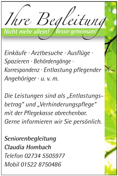 Seniorenbegleitung Claudia Hombach Seniorenbegleitung Claudia Hombach