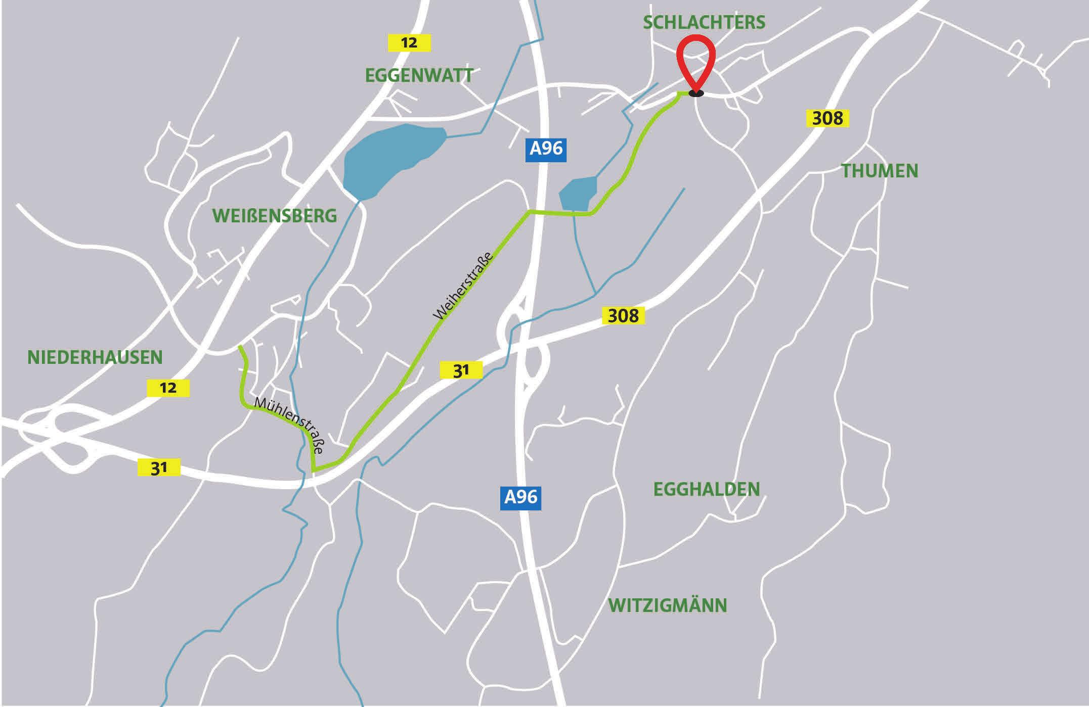 Von Weißensberg aus erreicht man Schlachters über die Weiherstraße. Von Weißensberg aus erreicht man Schlachters über die Weiherstraße.