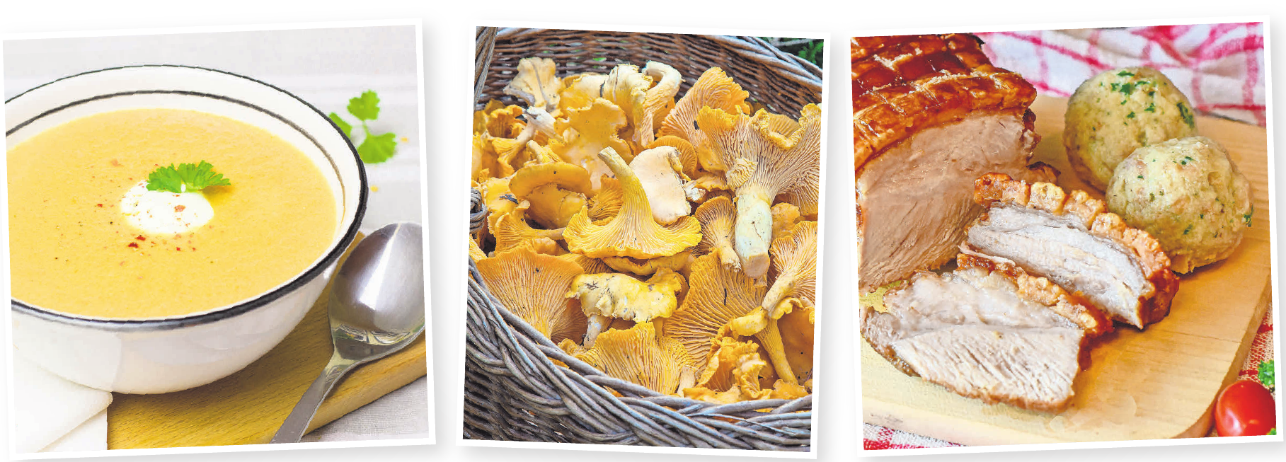 Tolle Farbe, feiner Geschmack: Kürbis lässt sich variantenreich zubereiten (Bilder von links). Frisch aus dem Wald: Pfifferlinge harmonieren mit der mediterranen Küche ebenso wie mit Wildgerichten. Beim ganz persönlichen Oktoberfest darf ein zünftiger Schweinebraten nicht fehlen. Tolle Farbe, feiner Geschmack: Kürbis lässt sich variantenreich zubereiten (Bilder von links). Frisch aus dem Wald: Pfifferlinge harmonieren mit der mediterranen Küche ebenso wie mit Wildgerichten. Beim ganz persönlichen Oktoberfest darf ein zünftiger Schweinebraten nicht fehlen.