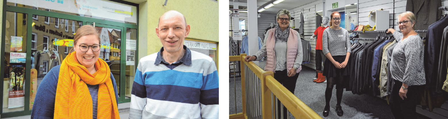 Katja Bart und Bernhard Fischer leiten das Biberacher Sozialkaufhaus Tragwerk (l.). Petra Wolf (rechtes Bild, v. l.) leitet das Trag’s weiter seit 2014, Hannah Rottko absolviert hier ein FSJ, und Brigitte Freudig engagiert sich hier zusammen mit rund 30 weiteren Ehrenamtlichen FOTOS: CS Katja Bart und Bernhard Fischer leiten das Biberacher Sozialkaufhaus Tragwerk (l.). Petra Wolf (rechtes Bild, v. l.) leitet das Trag’s weiter seit 2014, Hannah Rottko absolviert hier ein FSJ, und Brigitte Freudig engagiert sich hier zusammen mit rund 30 weiteren Ehrenamtlichen FOTOS: CS