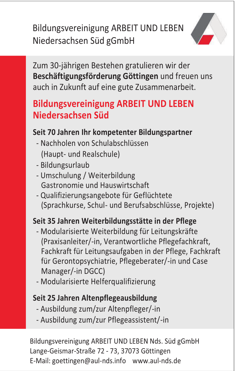 Bildungsvereinigung ARBEIT UND LEBEN Nds. Süd gGmbH Bildungsvereinigung ARBEIT UND LEBEN Nds. Süd gGmbH