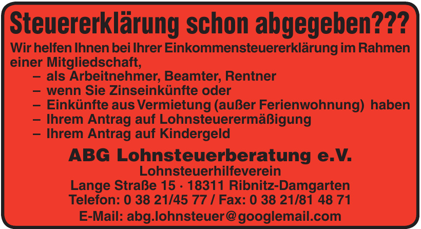 ABG Lohnsteuerberatung e.V. ABG Lohnsteuerberatung e.V.