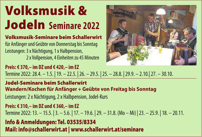 Volksmusik & Jodeln Seminare 2022 beim Schallerwirt