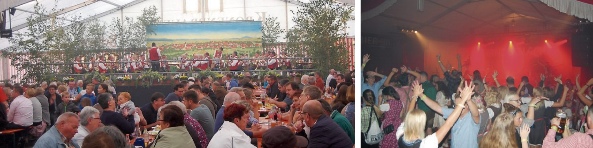 Die Festbesucher können sich auf gesellige Stunden im Festzelt freuen (unten). Bilder: Uhland2, Agenturfoto