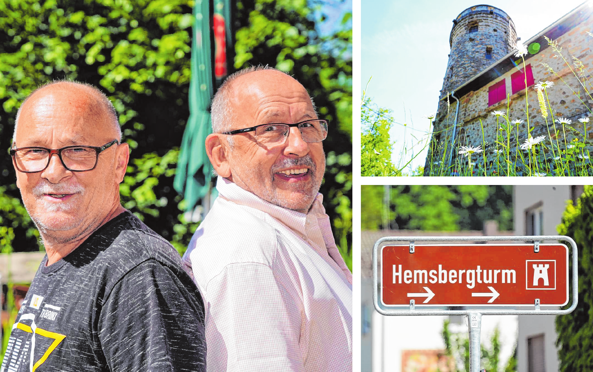 Dieter Krastel (links) bewirtet auf dem Hemsberg die Gäste. Hans-Peter Ott ist Vorsitzender des Hemsbergturm-Vereins, der seit 2017 die Verantwortung für den Turm vom Bensheimer Odenwaldklub übernommen hat. Bilder: Thomas Zelinger