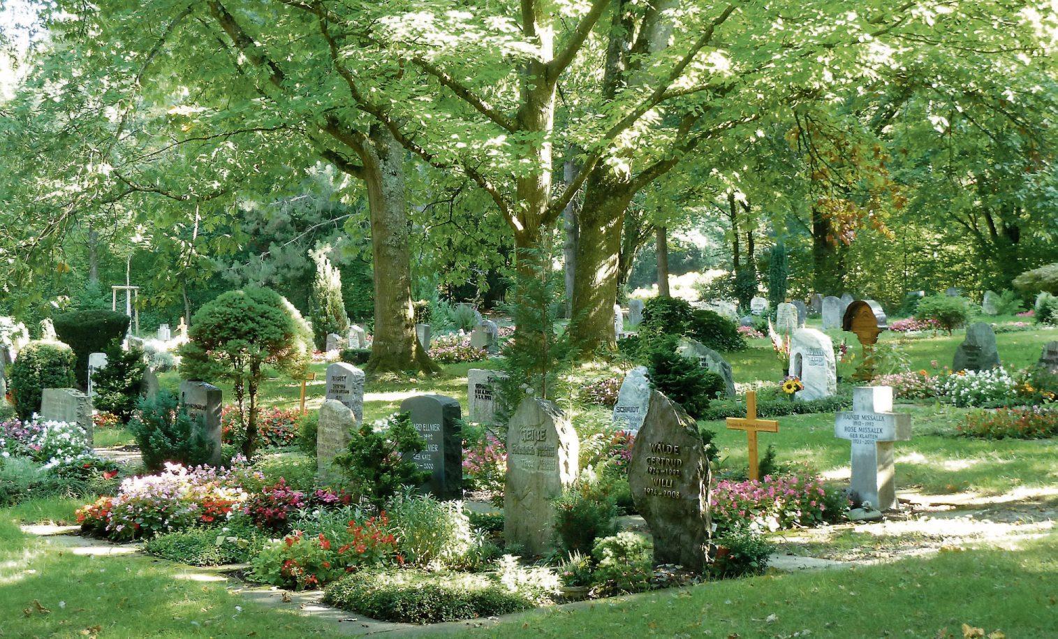 Auf dem Tübinger Bergfriedhof gibt es zahlreiche Bestattungsmöglichkeiten. Vielfach nachgefragt sind die Gemeinschaftsgrabanlagen wie zum Beispiel der „Fluss der Zeit“ oder „Mein letzter Garten“. Auch Einzelbaumbestattungen und Waldgräber sind seit 2019 möglich. In Familiengräbern können bis zu sechs Familienangehörige ihre letzte Ruhestätte finden. In der großen Trauerhalle finden seit 1969 auch große Trauergemeinschaften Platz. Bilder: Friedhofsverwaltung Tübingen Auf dem Tübinger Bergfriedhof gibt es zahlreiche Bestattungsmöglichkeiten. Vielfach nachgefragt sind die Gemeinschaftsgrabanlagen wie zum Beispiel der „Fluss der Zeit“ oder „Mein letzter Garten“. Auch Einzelbaumbestattungen und Waldgräber sind seit 2019 möglich. In Familiengräbern können bis zu sechs Familienangehörige ihre letzte Ruhestätte finden. In der großen Trauerhalle finden seit 1969 auch große Trauergemeinschaften Platz. Bilder: Friedhofsverwaltung Tübingen