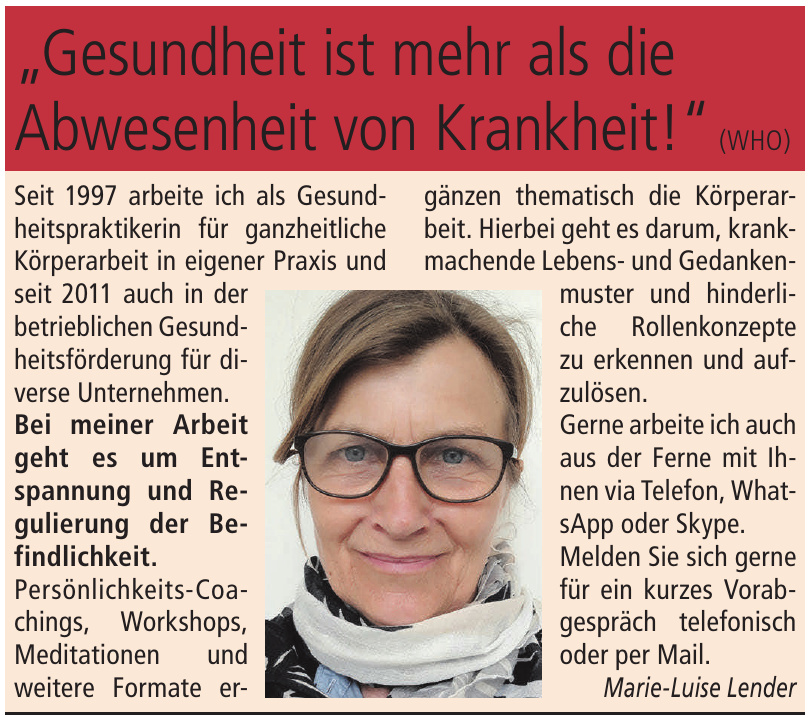 Gesundheitspraktikerin Marie-Luise Lender Gesundheitspraktikerin Marie-Luise Lender