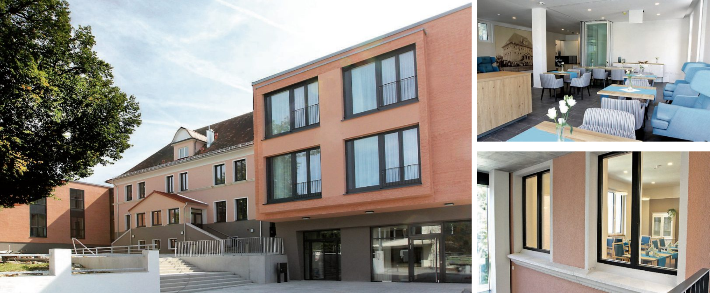 Ein einmaliges Ensemble ist in der Ortsmitte von Rommelsbach entstanden. Der bisherige Schulhof mit seinem außergewöhnlichen Flair wurde erhalten. Oben rechts das Café „Vesperdösle“, darunter ein Blick durch die in den Neubau integrierten alten Schulfenster ins gemütliche Wohnzimmer. Bilder:Uhland2