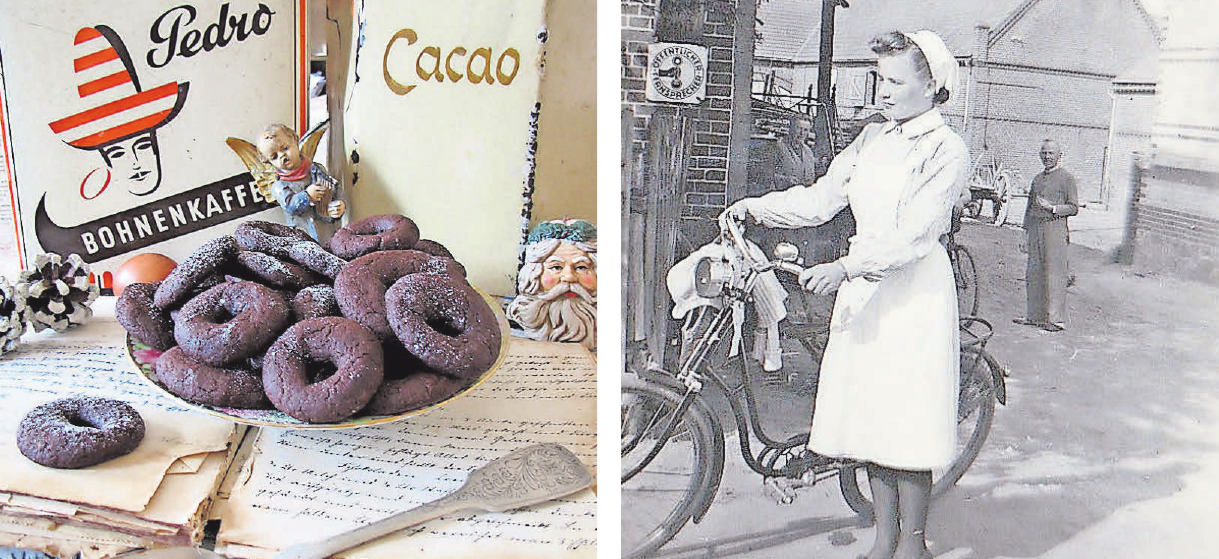 Eine Lütkenwischer Spezialität: Frau Wehmanns Schokoladenkringel. Diese junge Dame steht im Sommer 1943 vor Wehmanns Haus (hinten: Otto Wehmann). Eine Lütkenwischer Spezialität: Frau Wehmanns Schokoladenkringel. Diese junge Dame steht im Sommer 1943 vor Wehmanns Haus (hinten: Otto Wehmann).