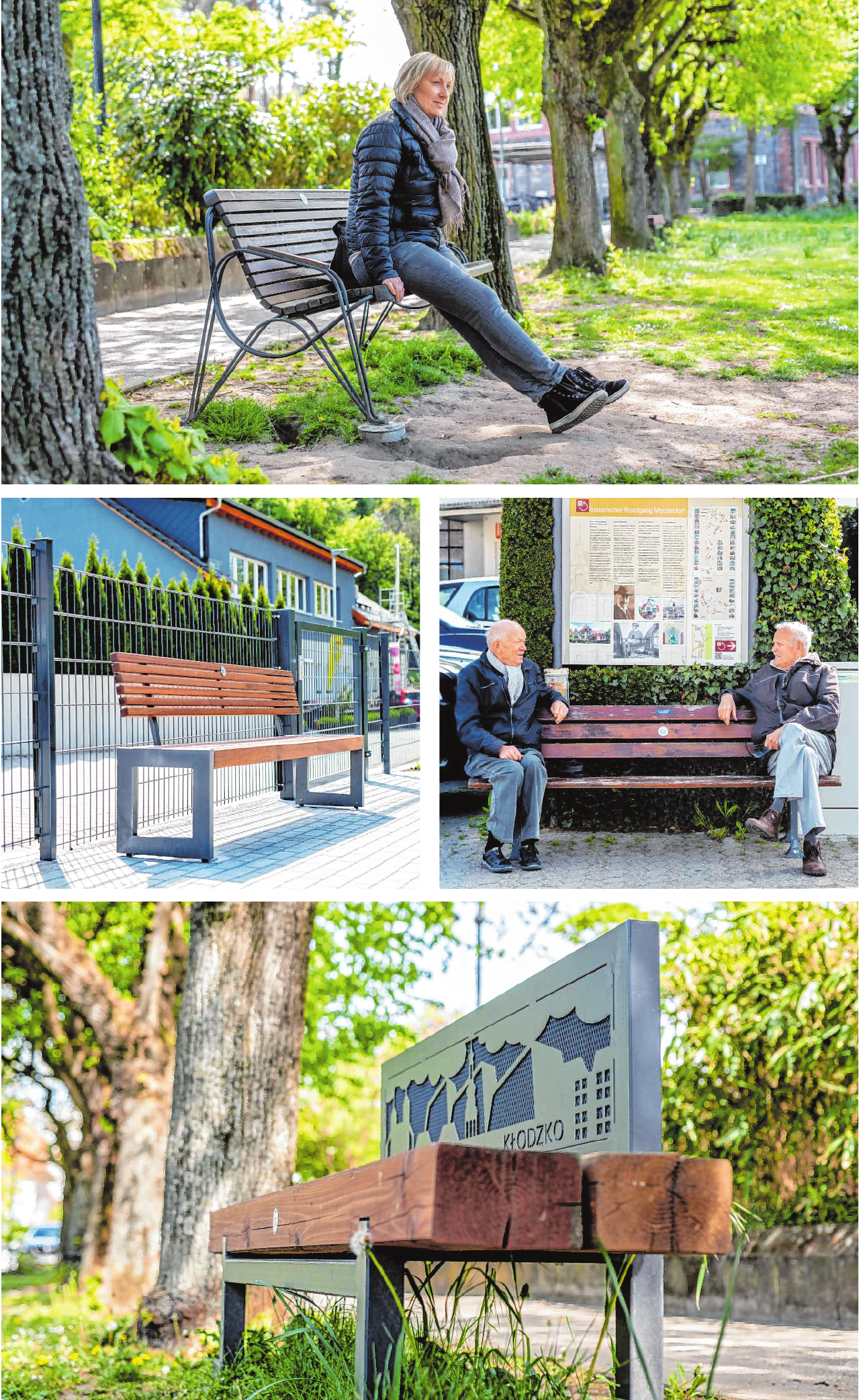 Die Bänke aus den Partnerstädten am Rathaus (oben und unten) sind Teil des Programms „100 Bänke“. Die erste Bank wurde nahe des Caritasheims aufgestellt (Mitte, r.), die letzte am Hochstädter Haus. | Bilder: Thomas Neu Die Bänke aus den Partnerstädten am Rathaus (oben und unten) sind Teil des Programms „100 Bänke“. Die erste Bank wurde nahe des Caritasheims aufgestellt (Mitte, r.), die letzte am Hochstädter Haus. | Bilder: Thomas Neu