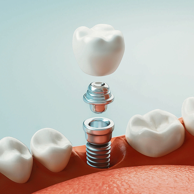 Als Implantat wird nur der untere Teil, die künstliche Zahnwurzel, bezeichnet. Der Chirurg schraubt sie in ein vorgebohrtes Loch im Kieferknochen. Bis der Zahnersatz aufgesetzt wird, können drei bis sechs Monate vergehen.
