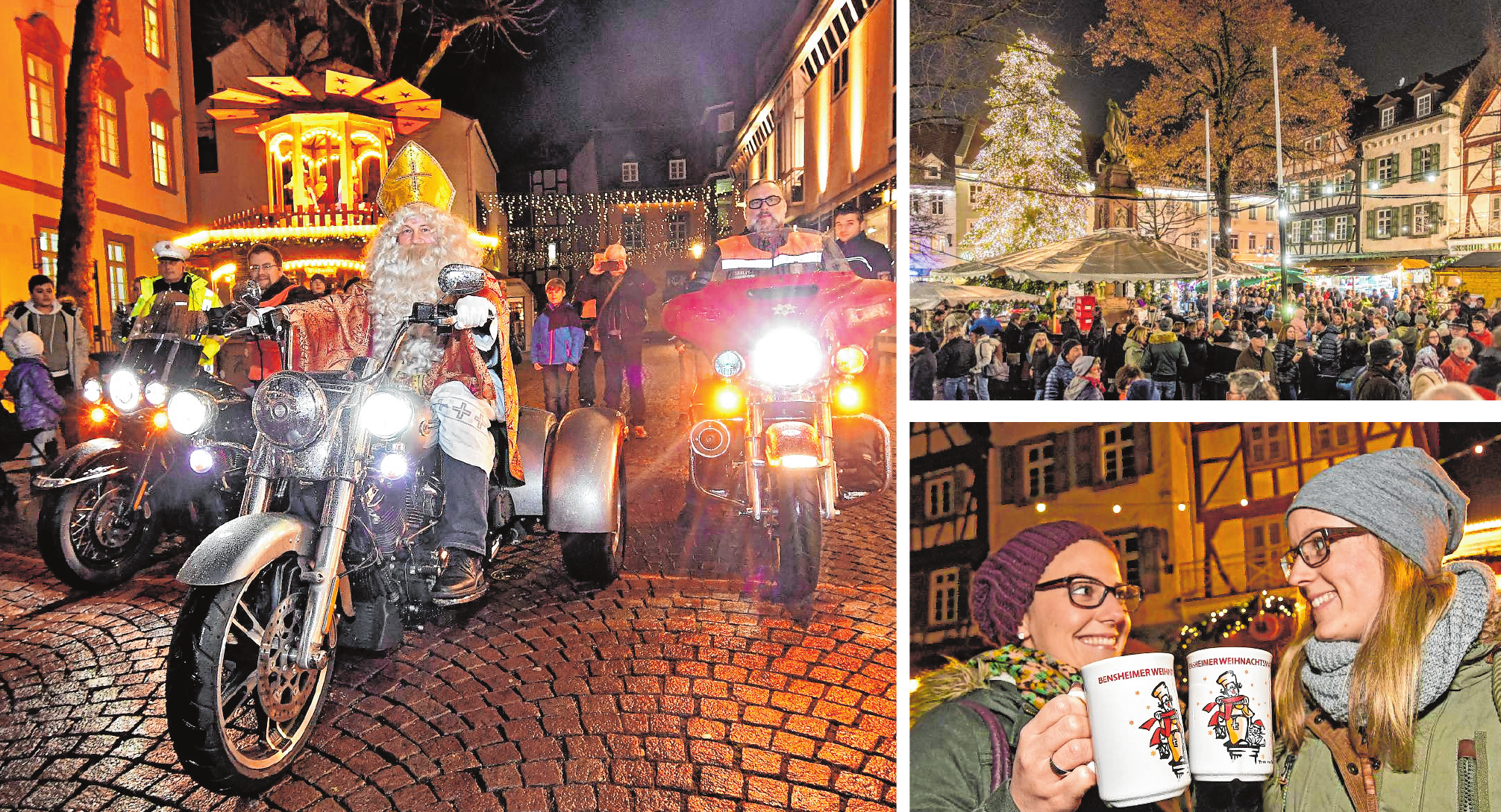 Impressionen: Bürgermeister Rolf Richter als Nikolaus auf der Harley, stimmungsvoller Lichterglanz auf dem Marktplatz und Spaß bei einer Tasse Glühwein. BILDER: FUNCK (2), NEU (1) Impressionen: Bürgermeister Rolf Richter als Nikolaus auf der Harley, stimmungsvoller Lichterglanz auf dem Marktplatz und Spaß bei einer Tasse Glühwein. BILDER: FUNCK (2), NEU (1)