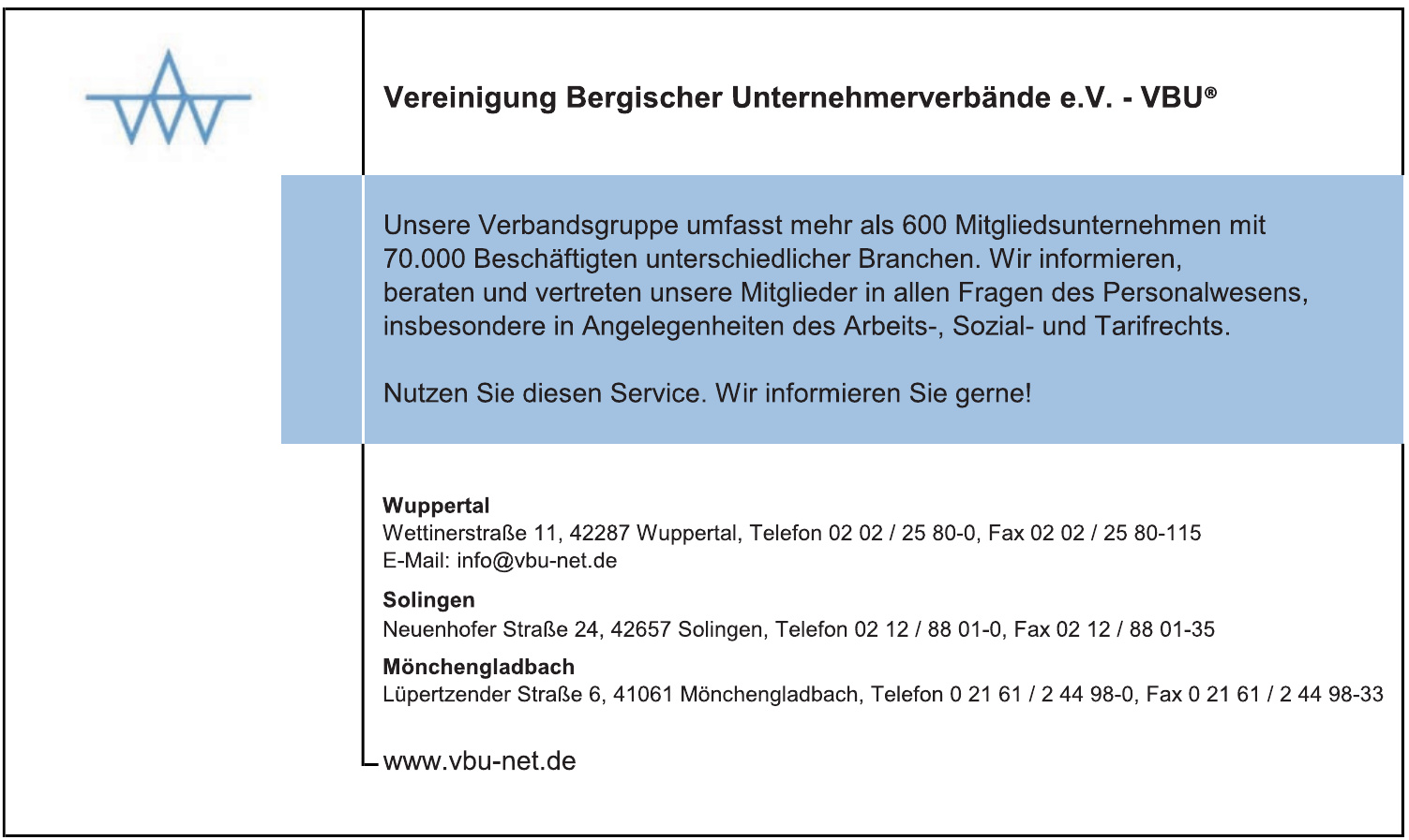 Vereinigung Bergischer Unternehmerverbände e. V. – VBU® Vereinigung Bergischer Unternehmerverbände e. V. – VBU®