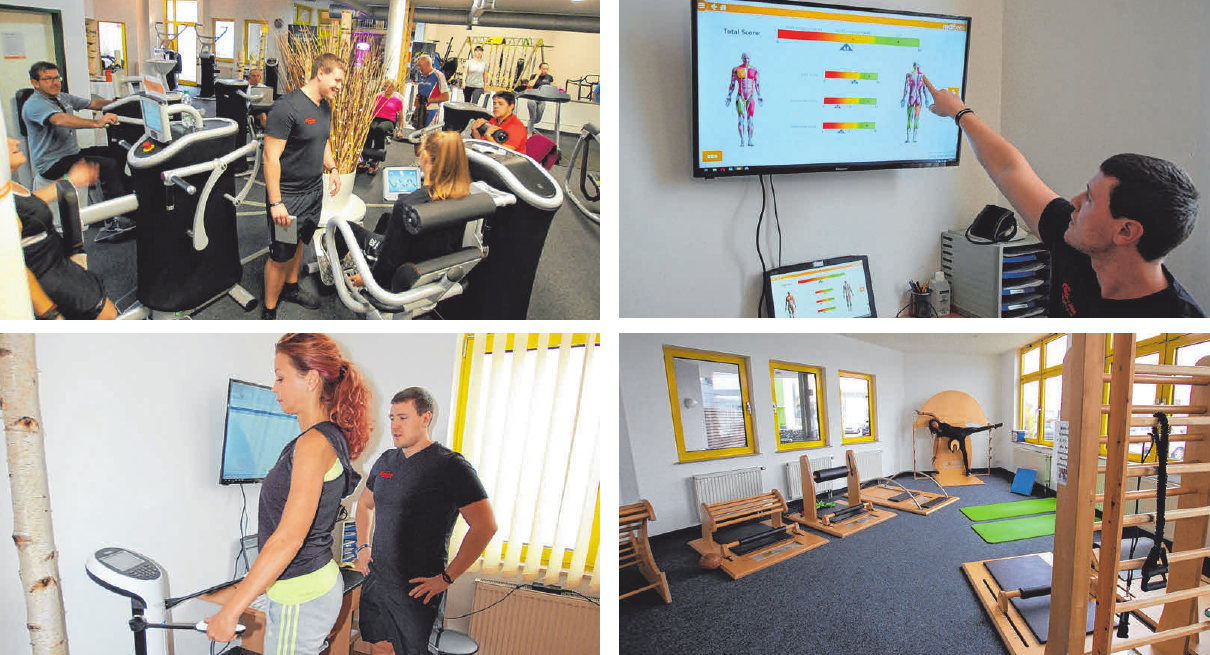Das breitgefächerte Angebot des Sportparks Laupheim ist um das moderne, digitale Trainingskonzept „eGym“ erweitert worden (o.l.). Neu sind zudem der Beweglichkeitstest „mobeefit“ , das Patrik Romer oben rechts erklärt, und der ausführliche, professionelle Check-up mit „In body“ (u.l.) sowie der hell und freundlich gestaltete „Flexx“-Bereich für die Beweglichkeit (u. r.). FOTOS: SONJA RUPRECHT