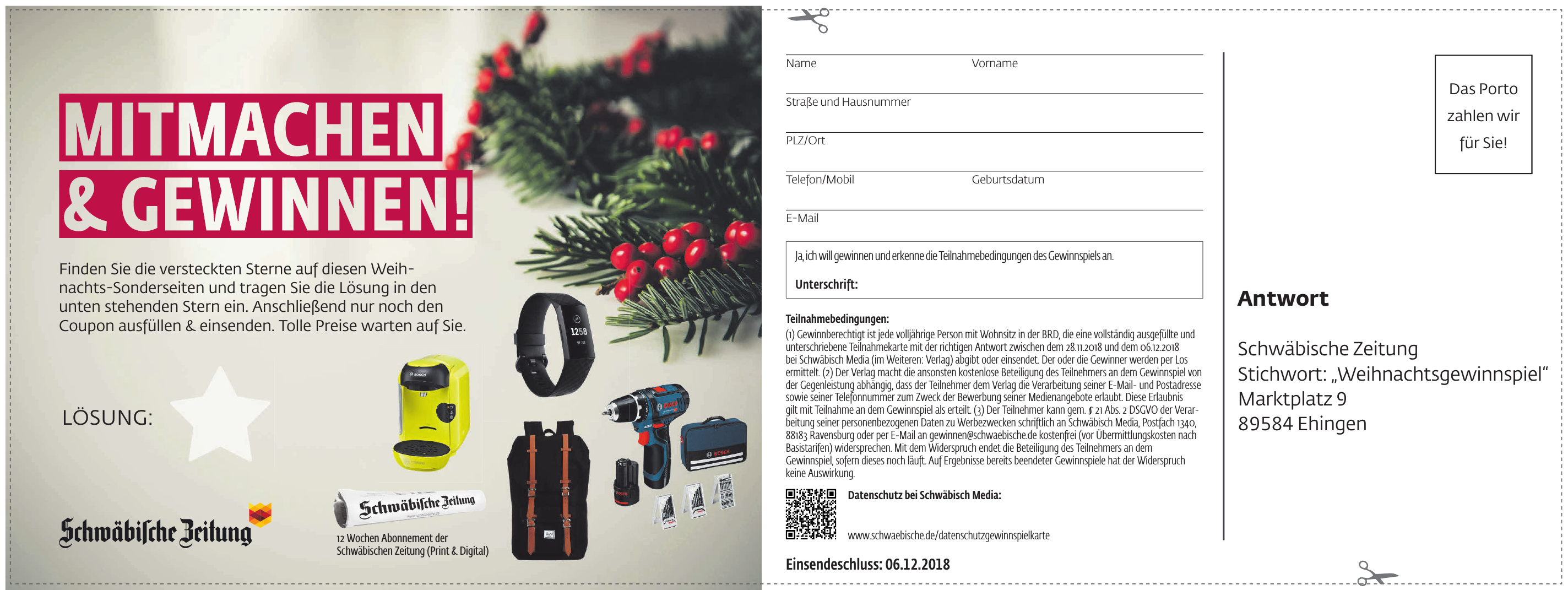 Schwäbische Zeitung „Weihnachtsgewinnspiel“ Schwäbische Zeitung „Weihnachtsgewinnspiel“
