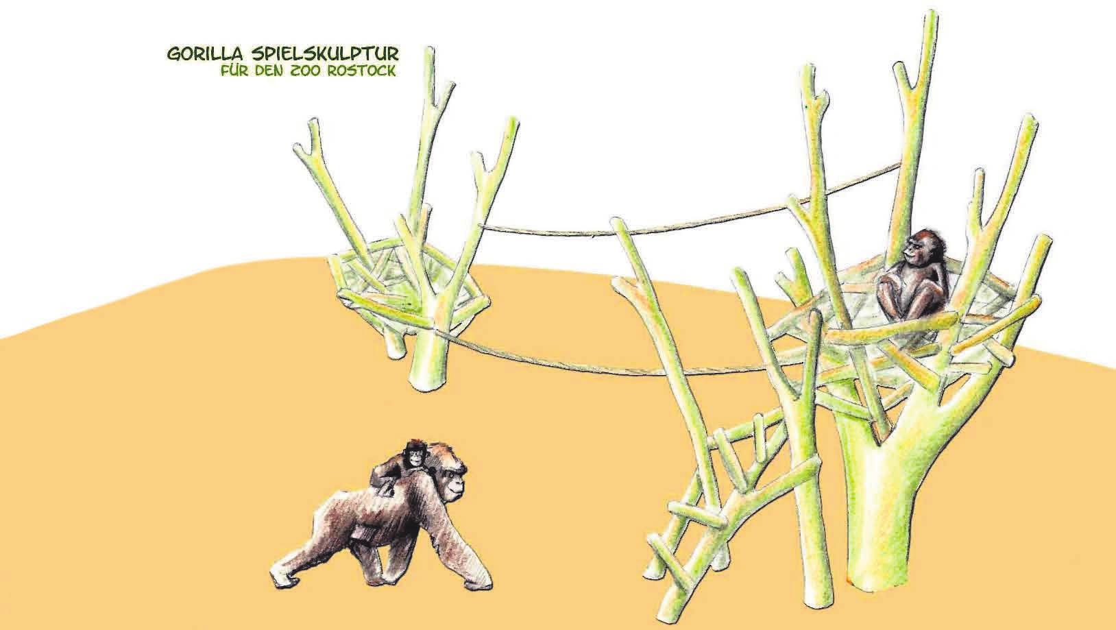 Die neue Gorilla-Spielskulptur auf dem Außengelände am Darwineum. Hier entsteht in einer Baumkrone ein Gorillaschlafnest. Auf der Bauminsel können Kinder in die natürliche Umgebung der Gorillas eintauchen. Ein Gorillababy im Nest sowie eine lebensgroße Mutter mit Jungem auf dem Rücken, drei Skulpturen aus Eichenholz, laden zu gemeinsamen Fotos ein. Umgesetzt wird die Figuren- und Kletteridee mit finanzieller Unterstützung der Rostocker Stadtwerke von der Satower Firma Arbolito Spielraumgestaltung GmbH. Grafik: Arbolito Die neue Gorilla-Spielskulptur auf dem Außengelände am Darwineum. Hier entsteht in einer Baumkrone ein Gorillaschlafnest. Auf der Bauminsel können Kinder in die natürliche Umgebung der Gorillas eintauchen. Ein Gorillababy im Nest sowie eine lebensgroße Mutter mit Jungem auf dem Rücken, drei Skulpturen aus Eichenholz, laden zu gemeinsamen Fotos ein. Umgesetzt wird die Figuren- und Kletteridee mit finanzieller Unterstützung der Rostocker Stadtwerke von der Satower Firma Arbolito Spielraumgestaltung GmbH. Grafik: Arbolito