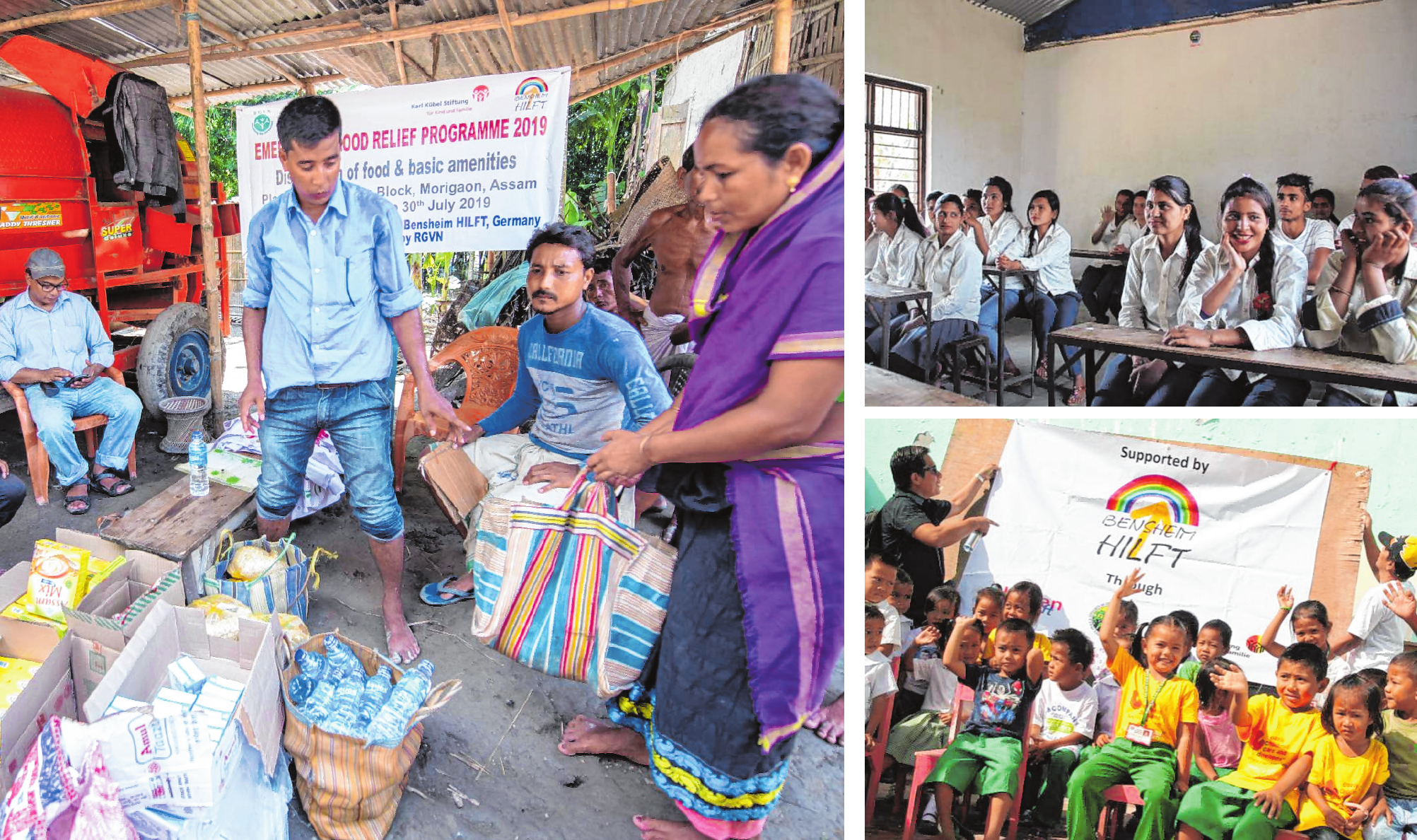 Weltweite Hilfe von „Bensheim hilft“: 2019 wurden mit der Karl-Kübel-Stiftung als Partner Flutopfer in Assam/Indien unterstützt (l.), 2015 wurde nach dem schweren Erdbeben in Nepal der Bau einer Schule mitfinanziert (o.r.), auf den Philippinen nach dem schweren Wirbelsturm 2013 ein Kindergarten. Bilder: KKS/Ajaya Kumar Behera (l.), Verein Weltweite Hilfe von „Bensheim hilft“: 2019 wurden mit der Karl-Kübel-Stiftung als Partner Flutopfer in Assam/Indien unterstützt (l.), 2015 wurde nach dem schweren Erdbeben in Nepal der Bau einer Schule mitfinanziert (o.r.), auf den Philippinen nach dem schweren Wirbelsturm 2013 ein Kindergarten. Bilder: KKS/Ajaya Kumar Behera (l.), Verein