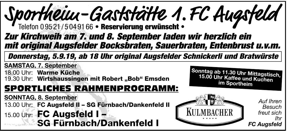 Sportheim - Gaststätte 1. FC Augsfeld Sportheim - Gaststätte 1. FC Augsfeld