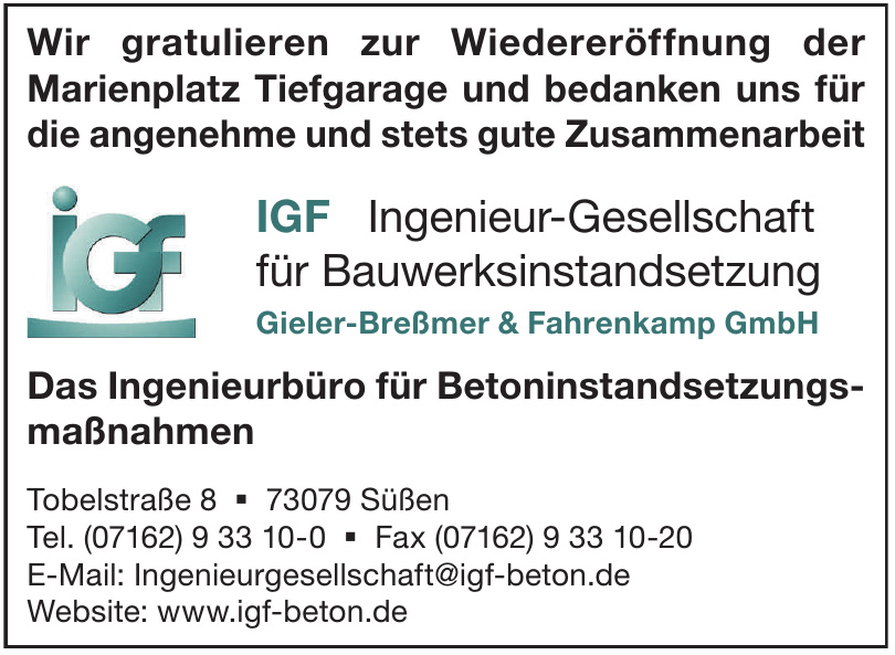 IGF Ingenieur-Gesellschaft für Bauwerksinstandsetzung Gieler-Breßmer & Fahrenkamp GmbH IGF Ingenieur-Gesellschaft für Bauwerksinstandsetzung Gieler-Breßmer & Fahrenkamp GmbH