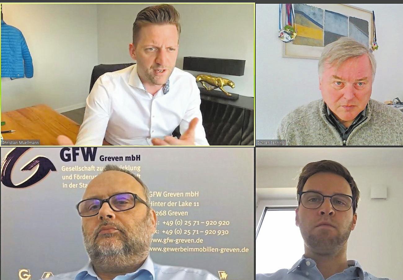 Wirtschaftsförderer Stefan Deimann (unten l.) und Christian Muellmann von FreiGeist (oben l.) in einer Zoom-Konferenz. Sie haben die erste Online-Karrieremesse organisiert. Wirtschaftsförderer Stefan Deimann (unten l.) und Christian Muellmann von FreiGeist (oben l.) in einer Zoom-Konferenz. Sie haben die erste Online-Karrieremesse organisiert.