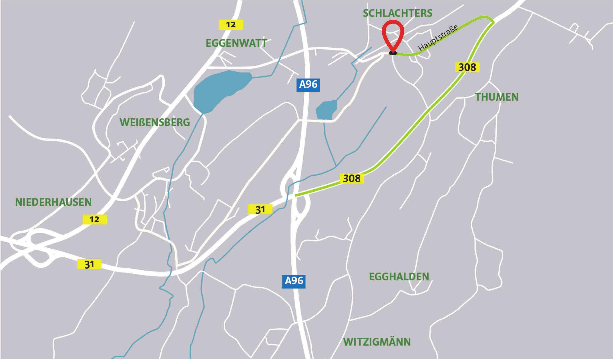 Auch über die Hauptverbindungsstraße B308 erreichen Sie Schlachters. Auch über die Hauptverbindungsstraße B308 erreichen Sie Schlachters.